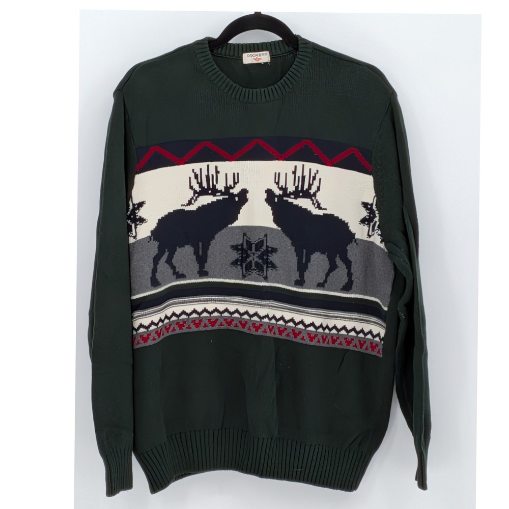 Dockers Large $65 Green Moose Fair Isle Crew Neck Long Sleeve‎ 100% Cotton Knit